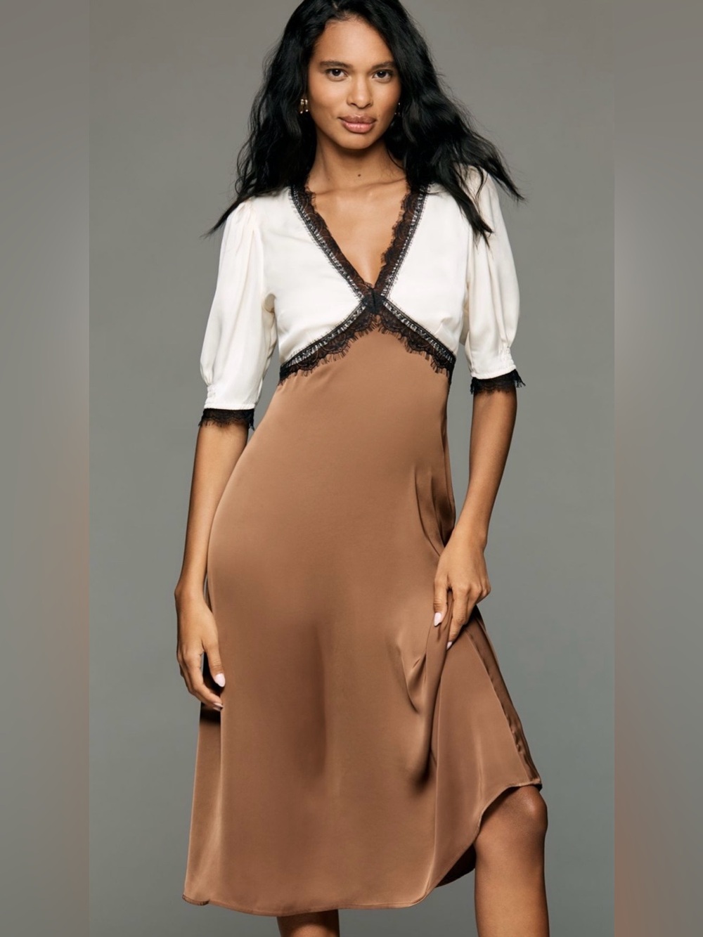ANTHROPOLOGIE V Neck Lace Trim Midi Slip Dress Cream & Brown Size XS NWT